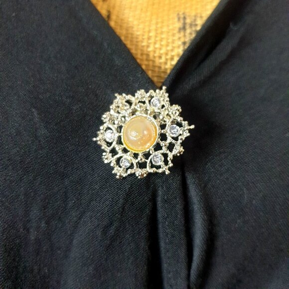 Cato Womens Draped Blouse L Black High Low Oversized Brooch Goth Chic Work Luxe - Picture 5 of 7